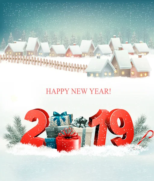 Праздник Рождества 2019 Года Зимней Деревней Вектор — стоковый вектор