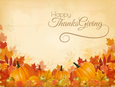Mutlu Şükran günü arka plan ile renkli yaprakları ve sonbahar sebze vektör.