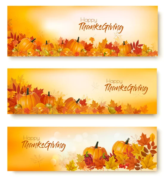 Happy Thanksgiving Aantal Banners Met Herfst Groenten Kleurrijke Bladeren Vector — Stockvector