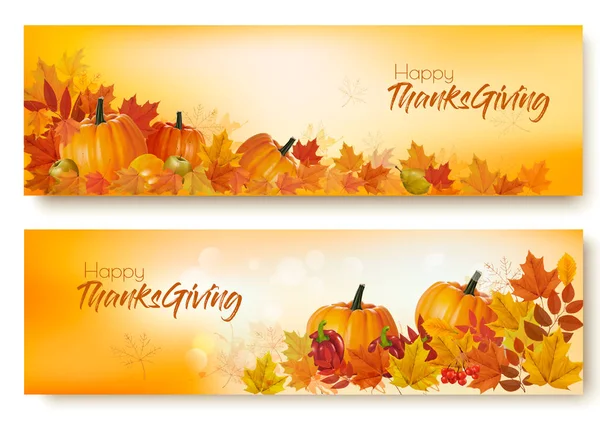 Set Happy Thanksgiving Banners Autumn Vegetables Colorful Leaves Vector — Stock Vector