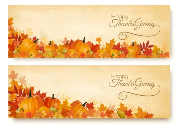 Twee Thanksgiving Vakantie Banners Met Kleurrijke Bladeren Herfst Groenten Vector — Stockvector