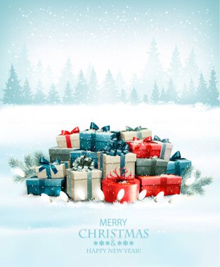 Renkli hediye kutuları ve manzara ile Noel tatil arka plan. Vektör.