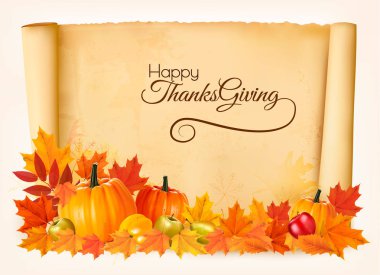 Mutlu Şükran günü arka plan renkli meyve ve sebzeler ile. Vektör.