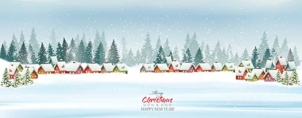 Праздничная Рождественская Панорама Зимней Деревней Деревьями Вектор — стоковый вектор