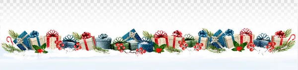Vakantie Kerst Panorama Met Kleurrijke Geschenkdozen Tak Van Boom Transparante — Stockvector