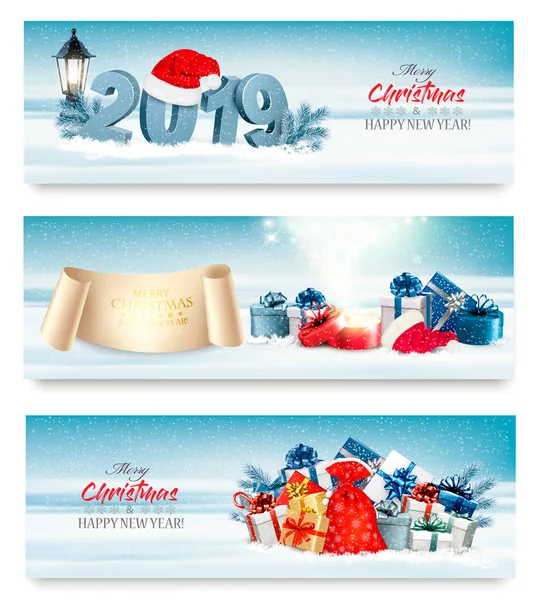 Drie Holiday Kerstmis Banners Met 2019 Geschenkverpakkingen Vector — Stockvector