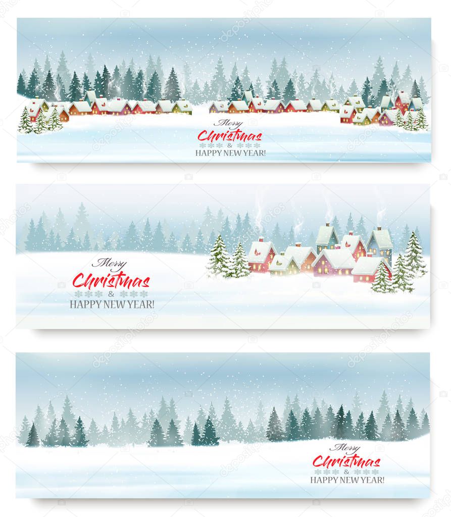 Set of Holiday Christmas banners with a winter village and landscape. Vector
