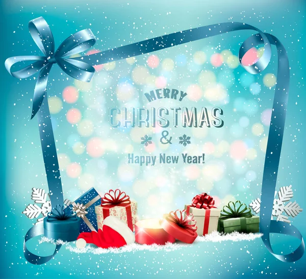 Joyeux Noël Fond Avec Boîte Magique Ruban Bleu Vecteur — Image vectorielle