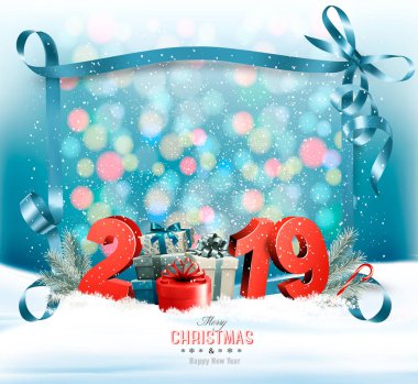 2019 ile tatil Noel arka plan ve hediye kutuları ve mavi bir kurdele. Vektör