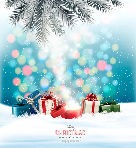 Χριστουγεννιάτικες Διακοπές Φόντο Πολύχρωμο Παρουσιάζει Και Μαγικό Κουτί Διάνυσμα — Διανυσματικό Αρχείο