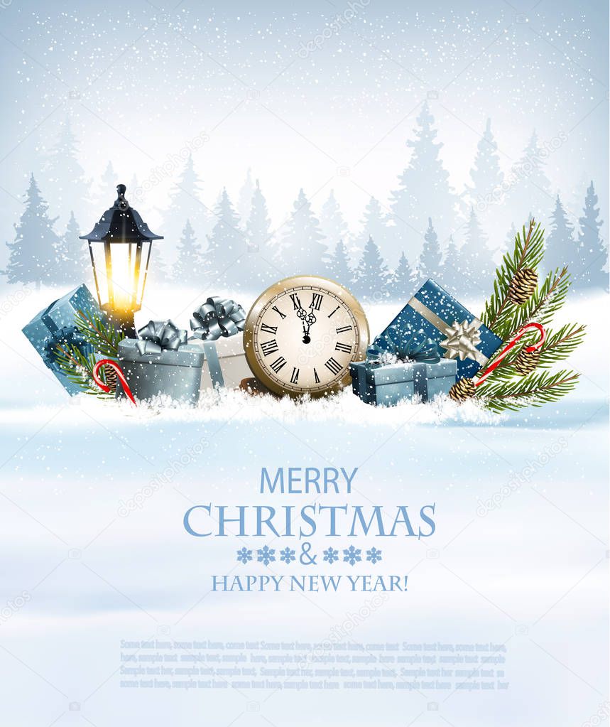 Christmas holiday background with presents and a clock. Vector.