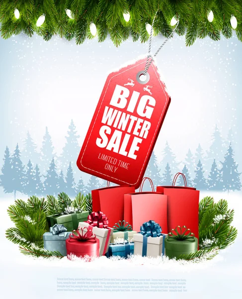 Winter Sale Tag Kerstmis Achtergrond Met Takken Van Boom Boodschappentassen — Stockvector