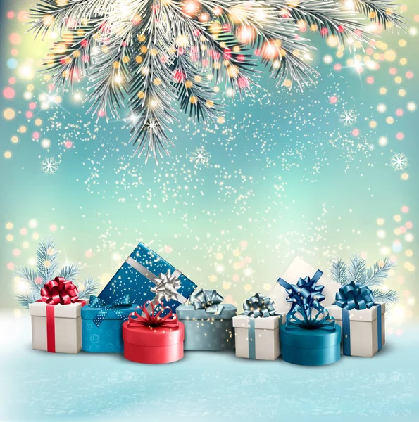 Weihnachten Urlaub Hintergrund Mit Bunten Geschenkboxen Und Zweig Des Baumes — Stockvektor