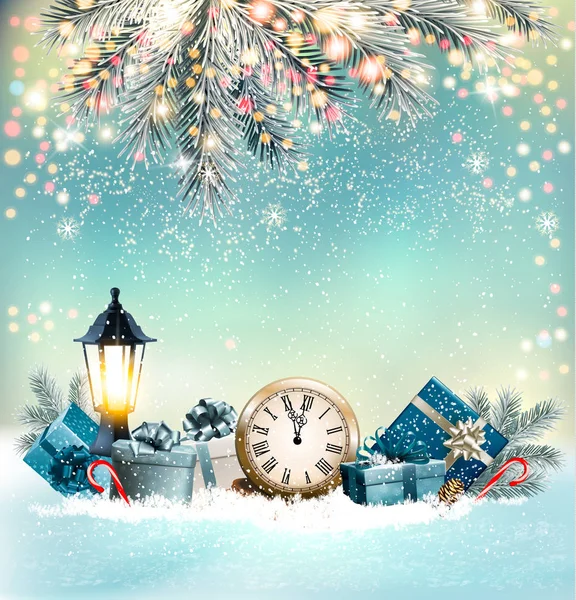 ツリーやプレゼントの枝とメリー クリスマスの背景 ベクトル — ストックベクタ