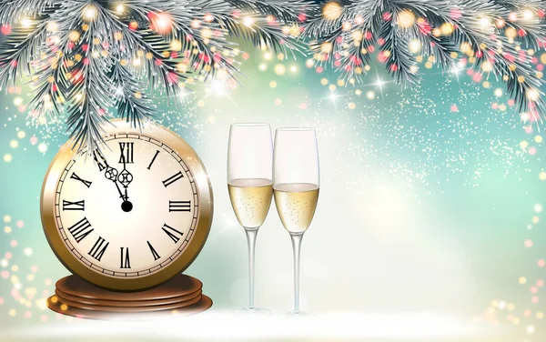 新年假期背景有礼品盒和两杯 Champange — 图库矢量图片