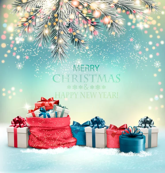 Fond Noël Vacances Avec Sac Rempli Boîtes Cadeaux Branches Arbre — Image vectorielle