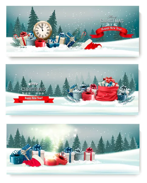 Tres Banderas Navidad Paisaje Natural Con Cajas Regalo Vector — Archivo Imágenes Vectoriales