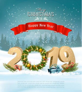 Mutlu yeni yıl 2019 arka plan sunar ve çelenk ile. Vektör.