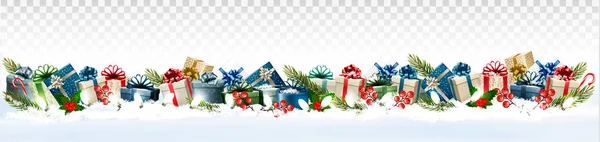 Vakantie Kerst Panorama Met Kleurrijke Geschenkdozen Kerstmuts Transparante Achtergrond Vector — Stockvector