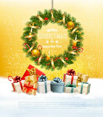 Tatil arka plan ile renkli bir hediye kutuları ve Noel çelenk. Vektör