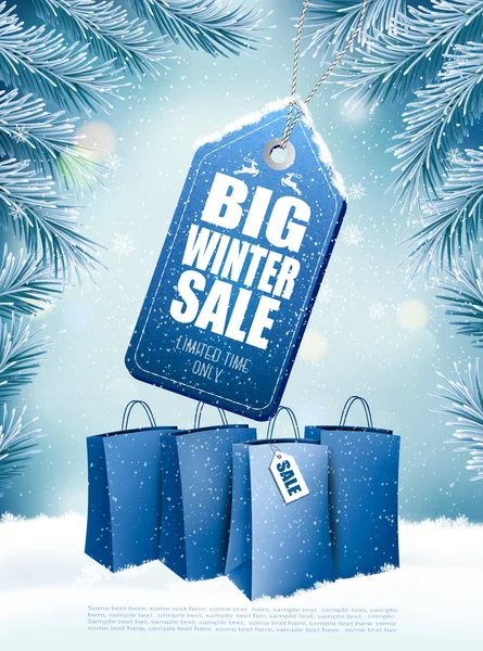 大圣诞节销售在冬天背景与树枝树和购物袋 — 图库矢量图片