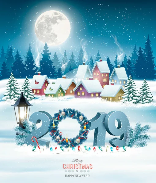 Fondo Navideño Vacaciones Con 2019 Pueblo Invierno Vector — Archivo Imágenes Vectoriales