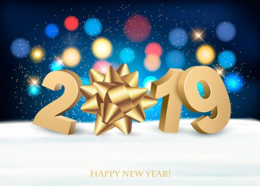 Mutlu yeni yıl 2019! Tatil hediye yay ile arka plan. Vektör