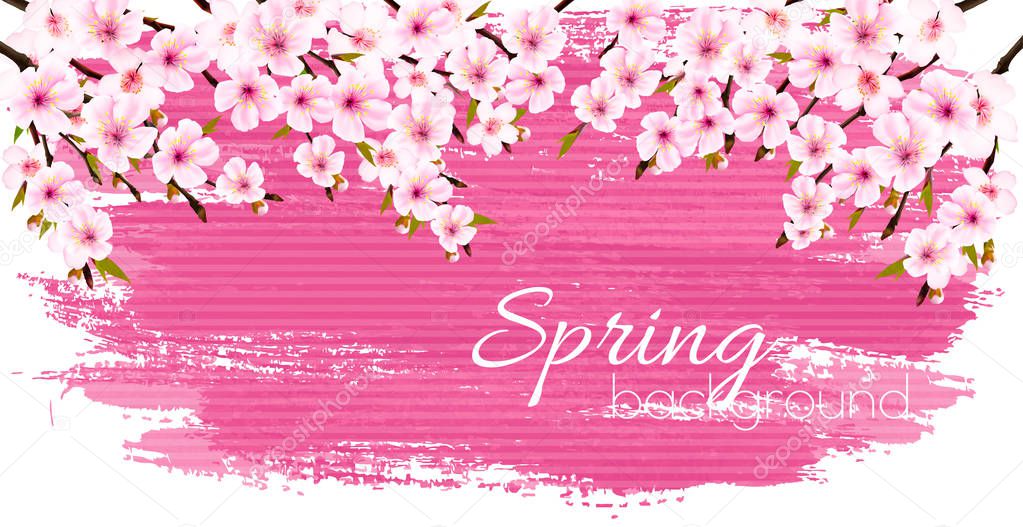 Spring nature background with a pink blooming sakura. Vector.