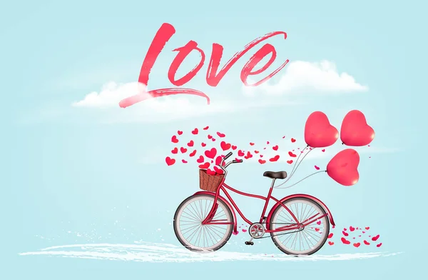 情人节背景与心形气球和自行车 — 图库矢量图片