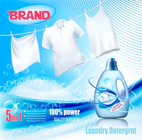 Anúncio Detergente Lavandaria Lavando Roupas Brancas Penduradas Corda Garrafa Plástico — Vetor de Stock
