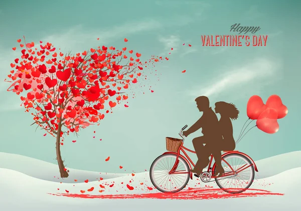 Valentine Day Background Heart Shaped Ballons Bicycle Silhouelle Vector — Stock Vector