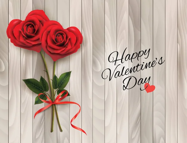 つの赤いハートとバレンタインの背景形のバラと木製の看板 ベクトル図 — ストックベクタ