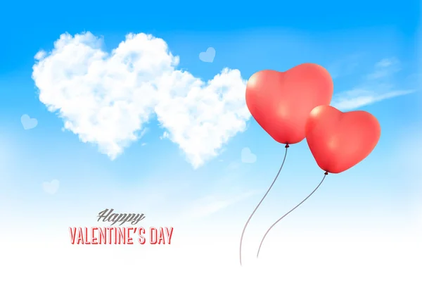 Dwa Valentine Serce Baloons Błękitne Niebo Chmurami Tło Wektor — Wektor stockowy