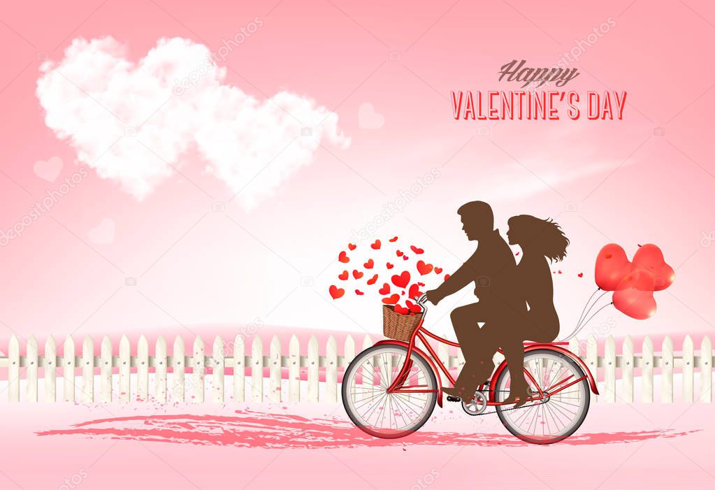 Valentine's Day background with a heart shaped clouds and a bicycle with silhouelle. Vector.