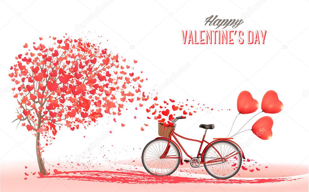 Valentine's Day background with bicycle with red heart shape balloons. Concept of love. Vector