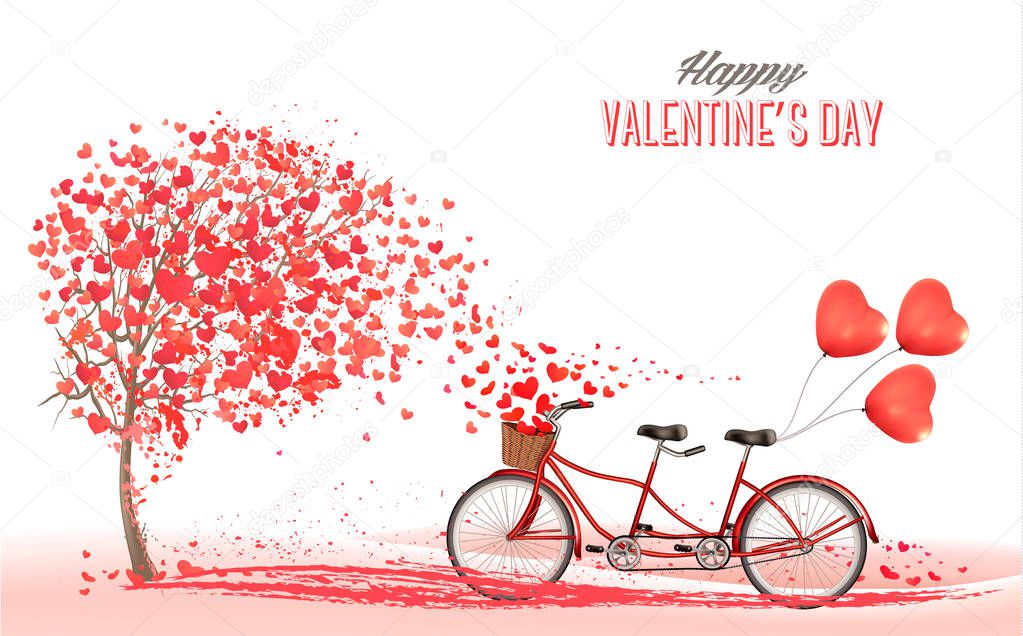 Valentine's Day background with tandem bicycle with red heart shape balloons. Concept of love. Vector