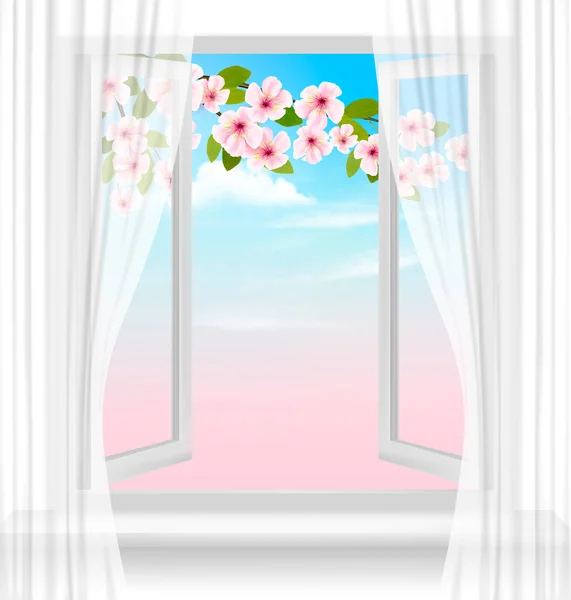 Doğa Bahar Arka Plan Ile Açık Pencere Kiraz Çiçeği Vektör — Stok Vektör