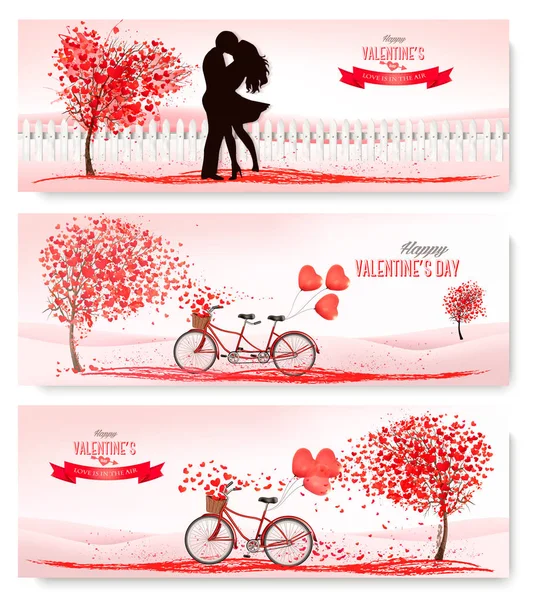 Valentine Day Holiday Banners Heart Shaped Trees Tanden Bicycle Vector — Stock Vector
