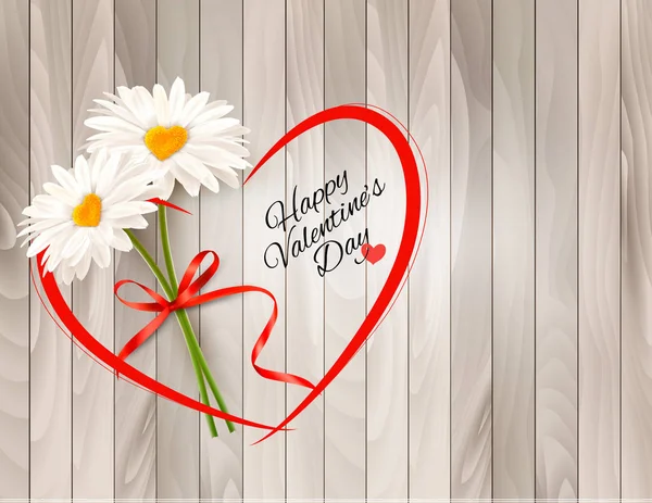 Valentine Day Background Two Daisies Heart Shaped Middles Wooden Background — Stock Vector