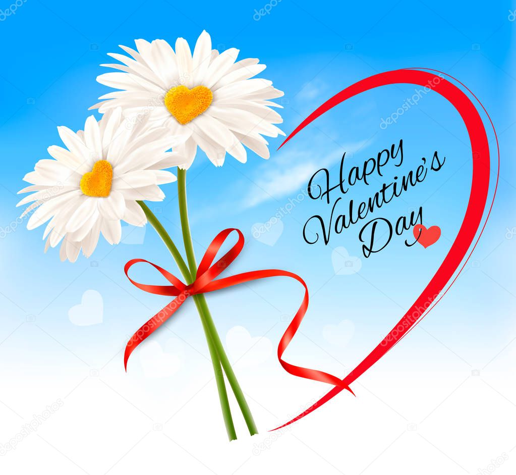 Valentine's Day background Two daisies with heart shaped middles and red ribbon. Vector.