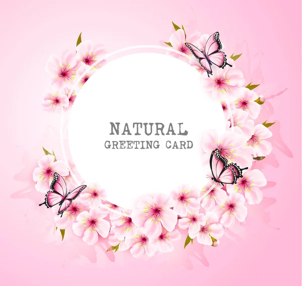 Fondo Naturaleza Primaveral Con Flores Rosas Mariposas Vector — Archivo Imágenes Vectoriales