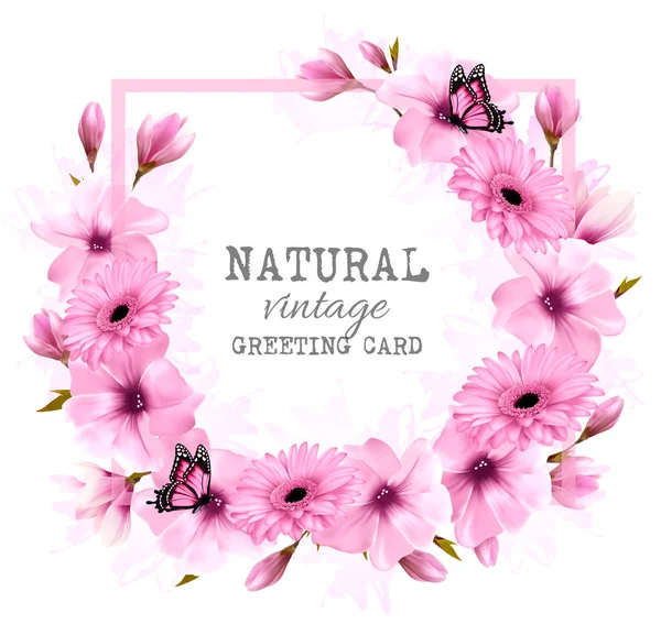 Carte Vœux Vintage Naturelle Avec Fleurs Roses Papillon Vecteur — Image vectorielle