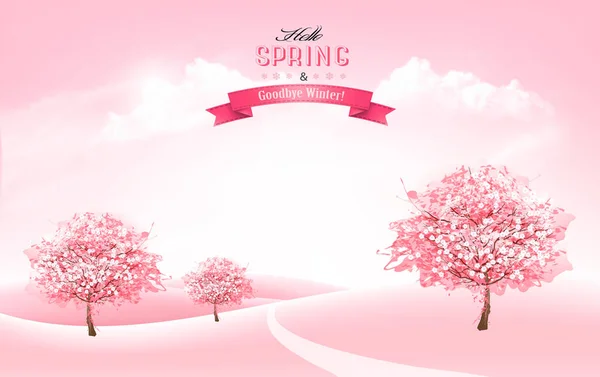 Beautiful Spring Nature Background Blossom Sakura Trees Landscape Vector — Stock Vector