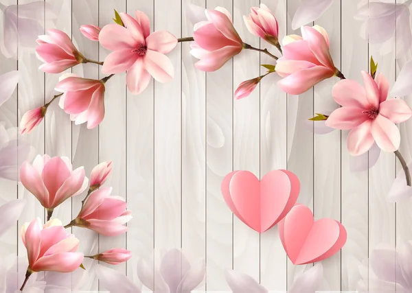 Pink Flowers Paper Hearts Wooden Sign Valentine Day Background Vector — Stock Vector