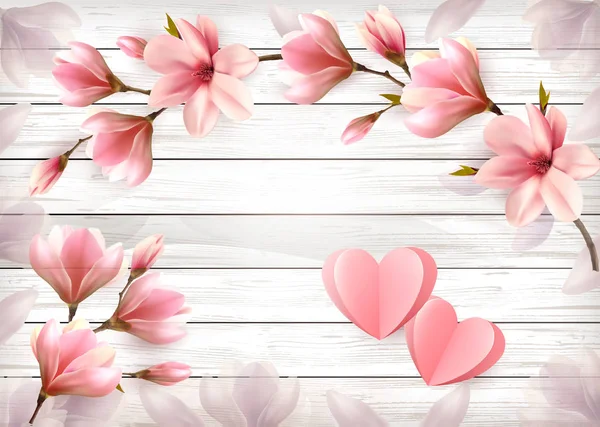 Fiori Rosa Cuori Carta Segno Legno Sfondo San Valentino Illustrazione — Vettoriale Stock