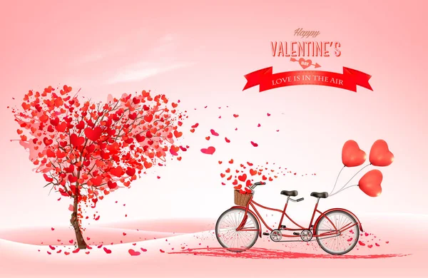 Valentine Day Background Heart Shaped Tree Tandem Bicycle Vector — Stock Vector