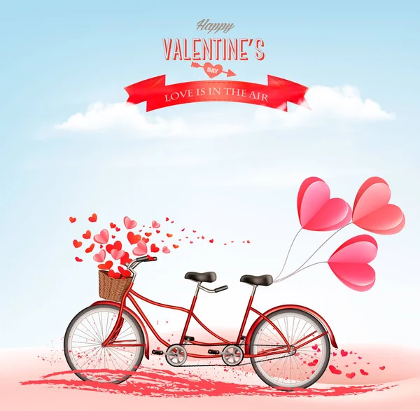 Fond Saint Valentin Avec Bicyclette Tandem Avec Des Cœurs Rouges — Image vectorielle