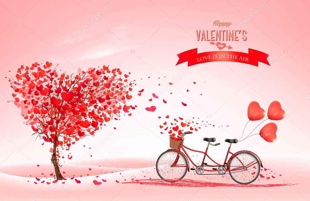 Valentine's Day background with a heart shaped tree and a tandem bicycle. Vector.