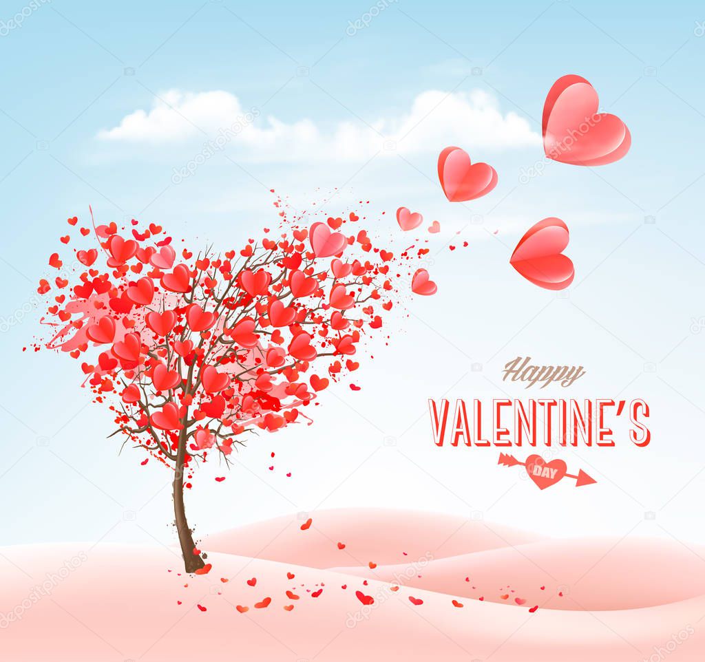 Valentine's Day holiday background with  heart shape tree and blue sky. Concept of love. Vector