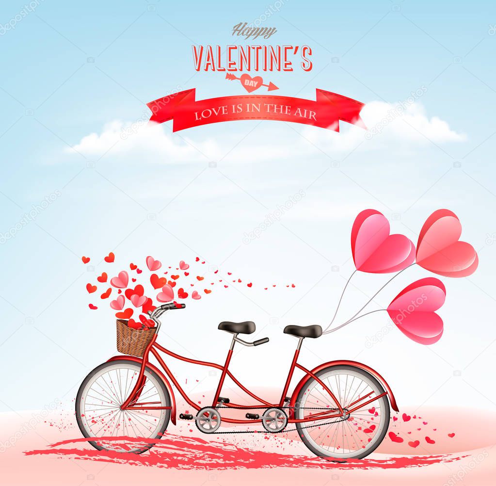 Valentine's Day background with tandem bicycle with red hearts. Concept of love. Vector